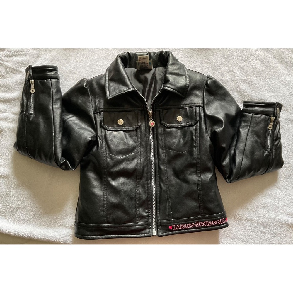 Girls 6X Harley Davidson Puffer Jacket Black Faux-Leather Pink Rhinestones Logo